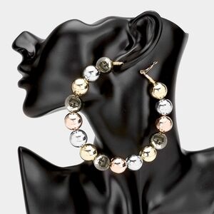 Large Ball Metal Hoop Earrings 3.5" Beaded Jewelry Big Oversized Round